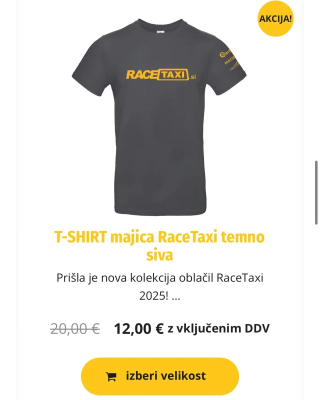 Prišla je nova kolekcija oblačil RaceTaxi 2025! Izkoristi priložnost in si priskrbi omejeno število vrhunskih polovarjev in majic.