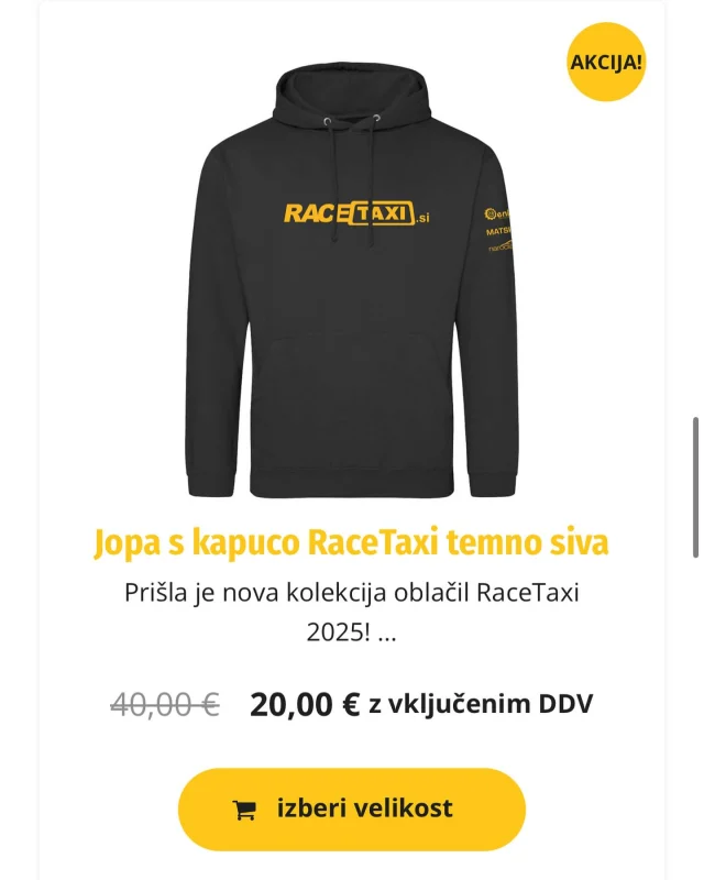 Prišla je nova kolekcija oblačil RaceTaxi 2025! Izkoristi priložnost in si priskrbi omejeno število vrhunskih polovarjev in majic.